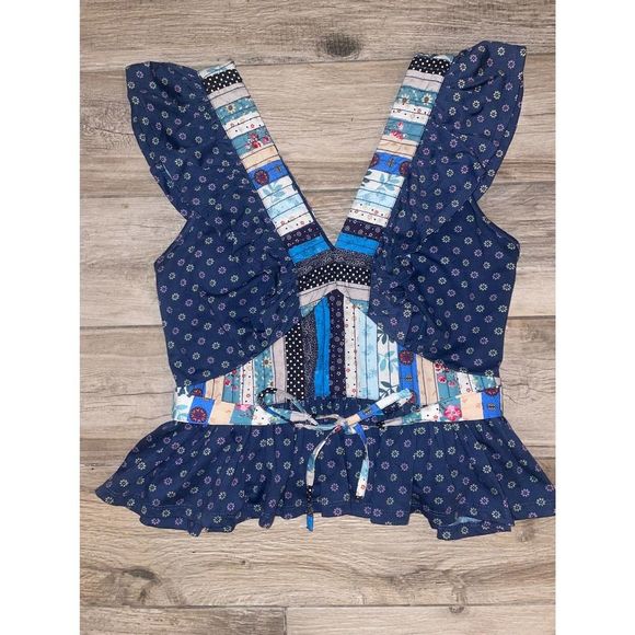 Anthropologie Tops - Anthropologie Let Me Be Patchwork Blue Ruffle V-neck Top Size XS